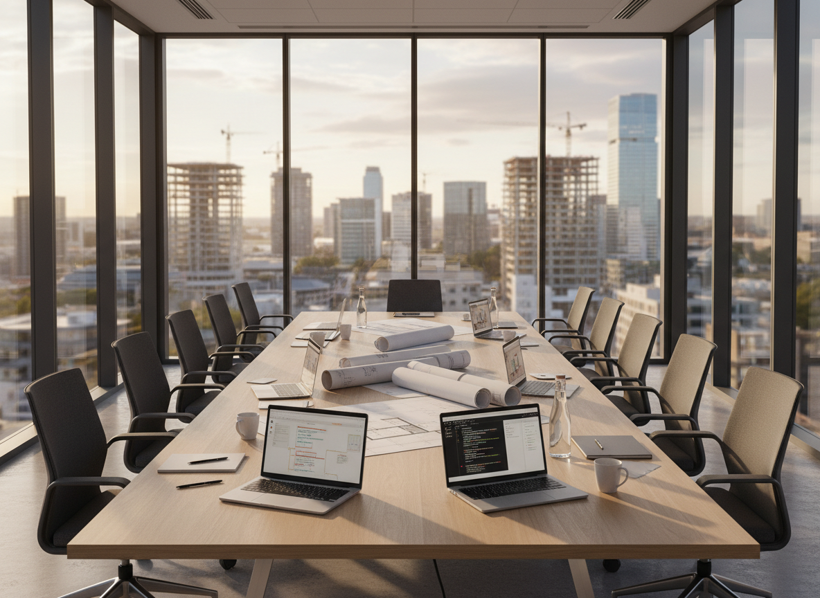 Modern glass-walled meeting room with laptops and building plans on the table